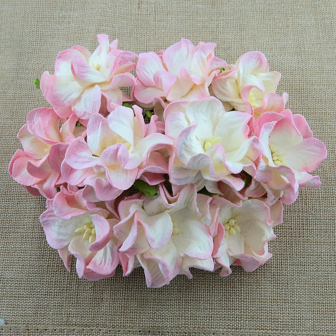 50 2-TONE BABY PINK/IVORY GARDENIA FLOWERS - Click Image to Close