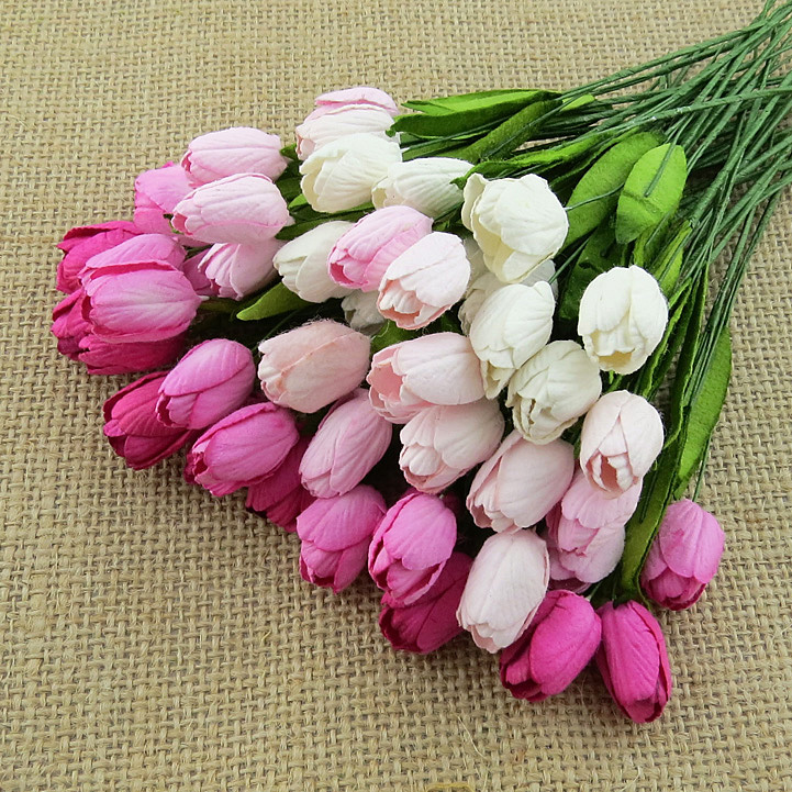 50 MIXED PINK MULBERRY PAPER TULIP FLOWERS WITH LEAF STEMS