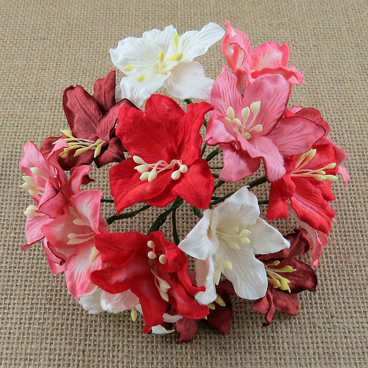 50 MIXED RED AND WHITE MULBERRY PAPER LILY FLOWERS - Click Image to Close