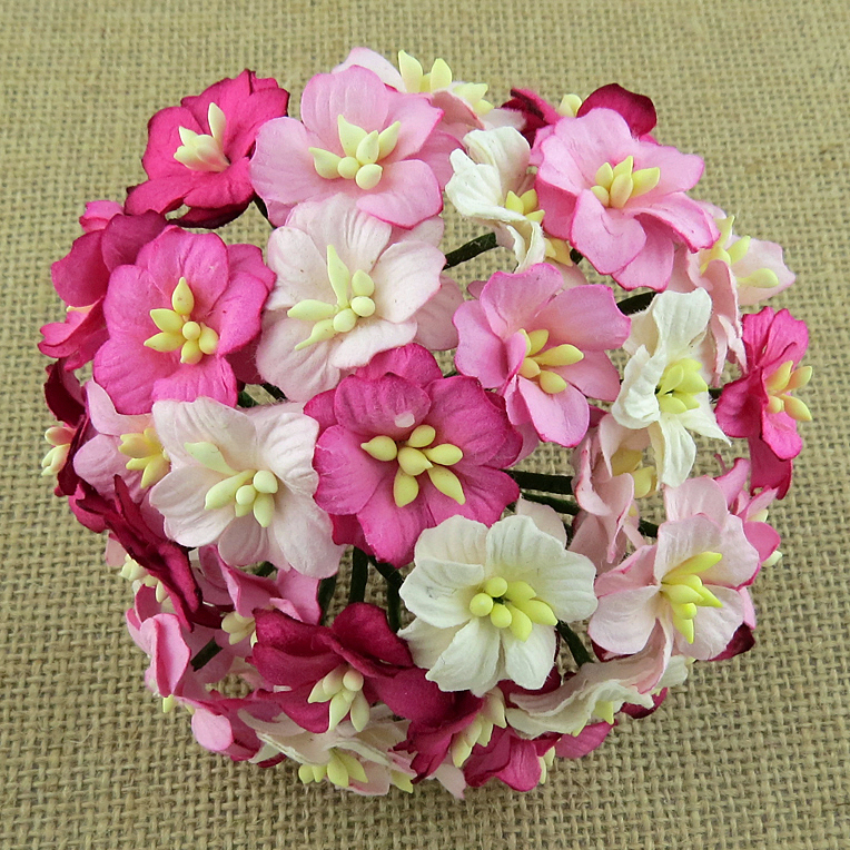 50 MIXED PINK MULBERRY PAPER APPLE BLOSSOMS - Click Image to Close