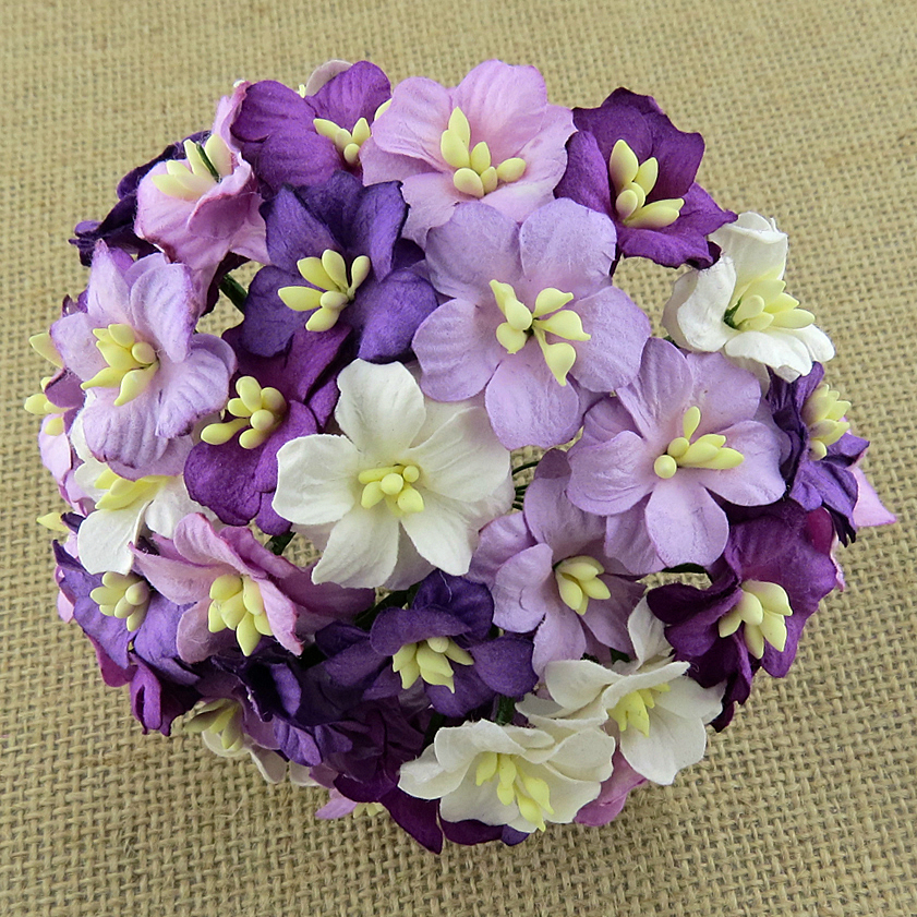 50 MIXED PURPLE MULBERRY PAPER APPLE BLOSSOMS - Click Image to Close