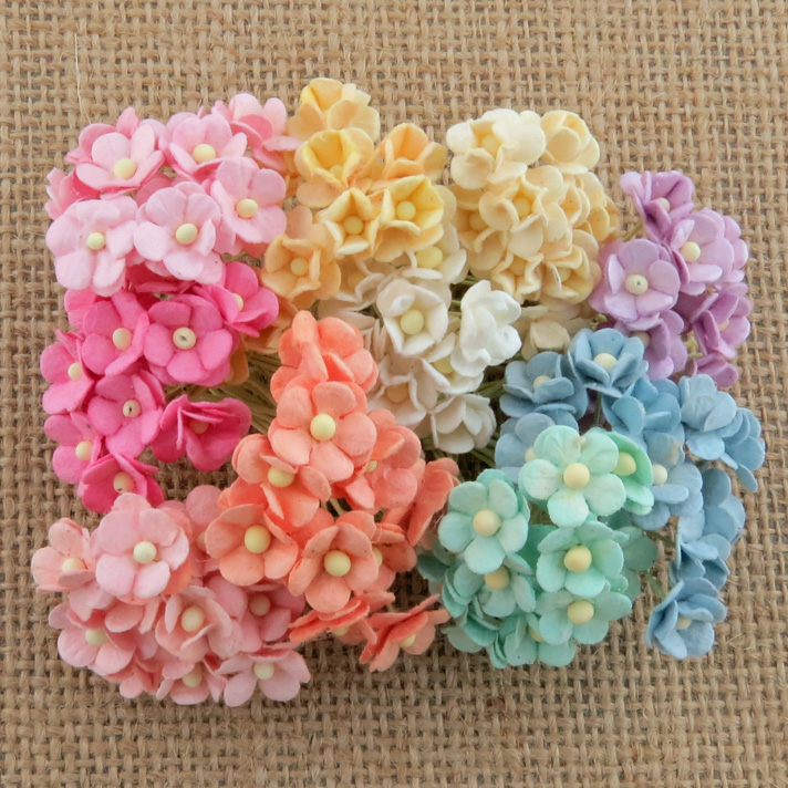 100 MINIATURE MIXED PASTEL SWEETHEART BLOSSOM FLOWERS - Click Image to Close
