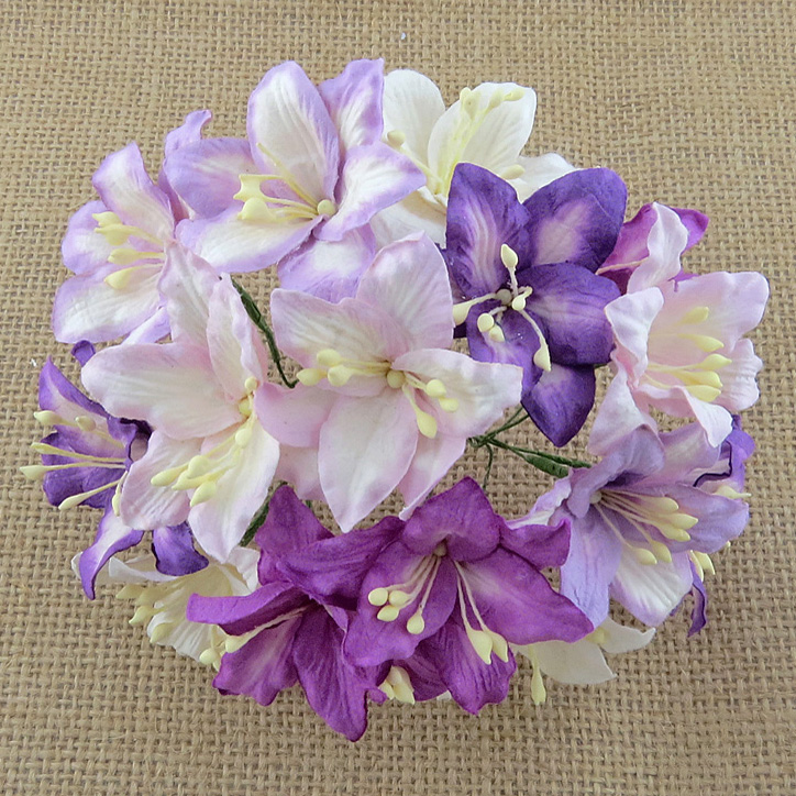 50 MIXED PURPLE/LILAC AND WHITE MULBERRY PAPER LILY FLOWERS
