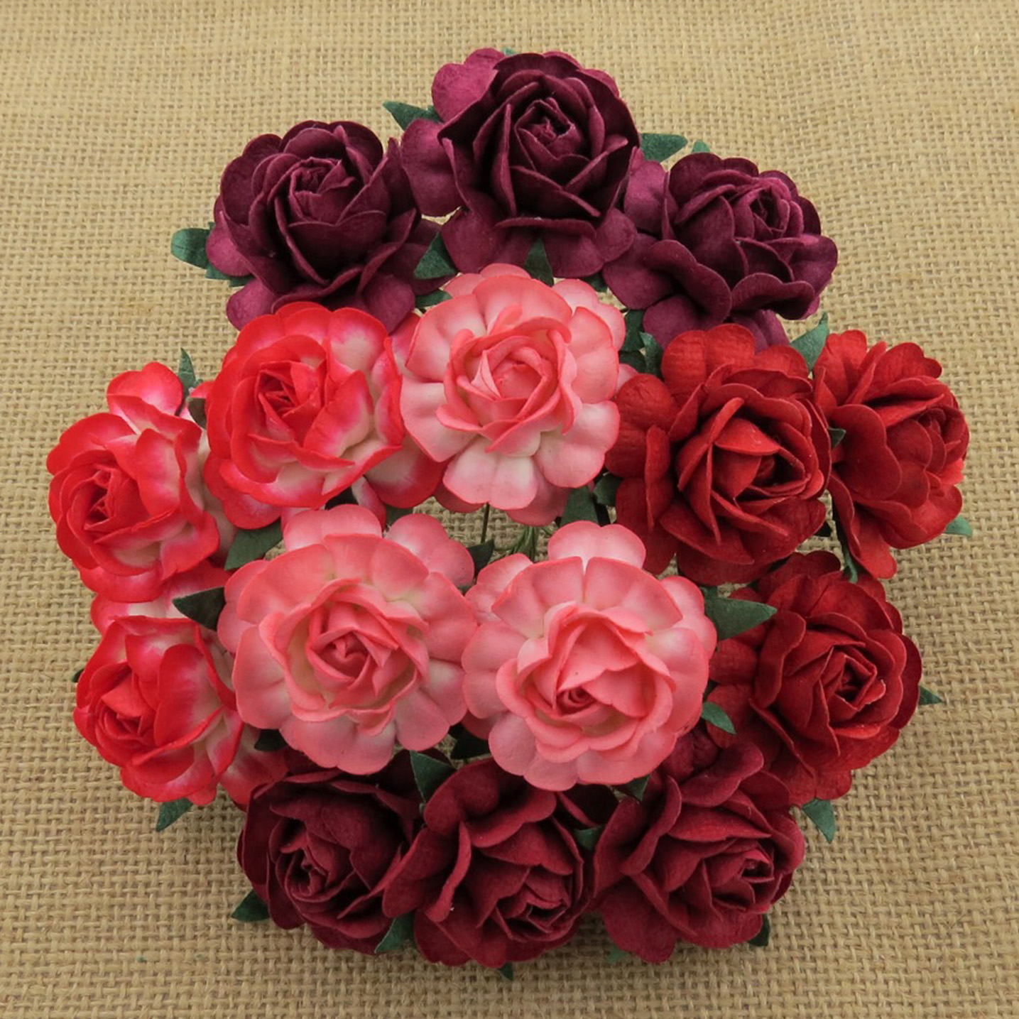 50 MIXED RED MULBERRY PAPER TEA ROSES 40mm - 5 COLOR