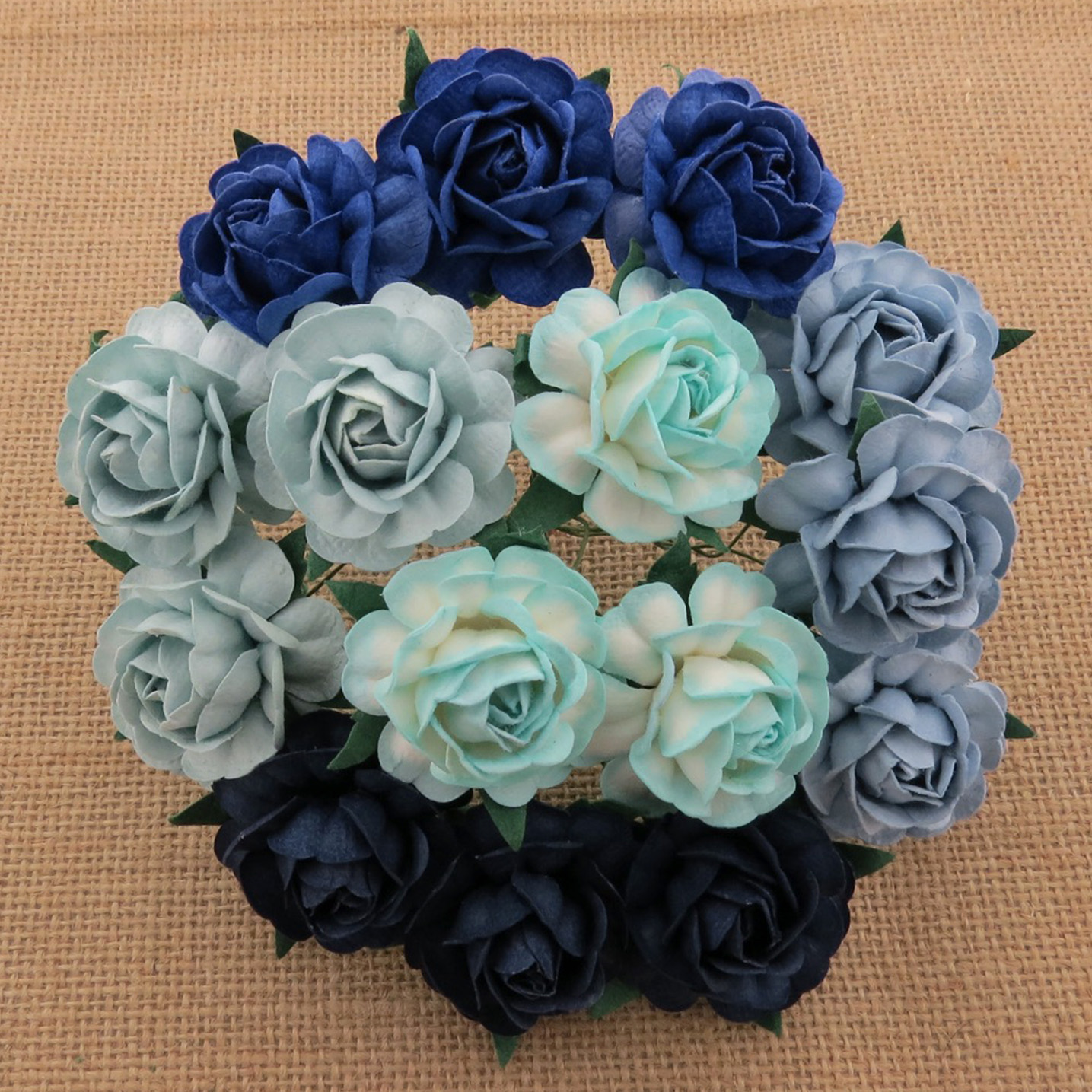 50 MIXED BLUE MULBERRY PAPER TEA ROSES 40mm - 5 COLOR