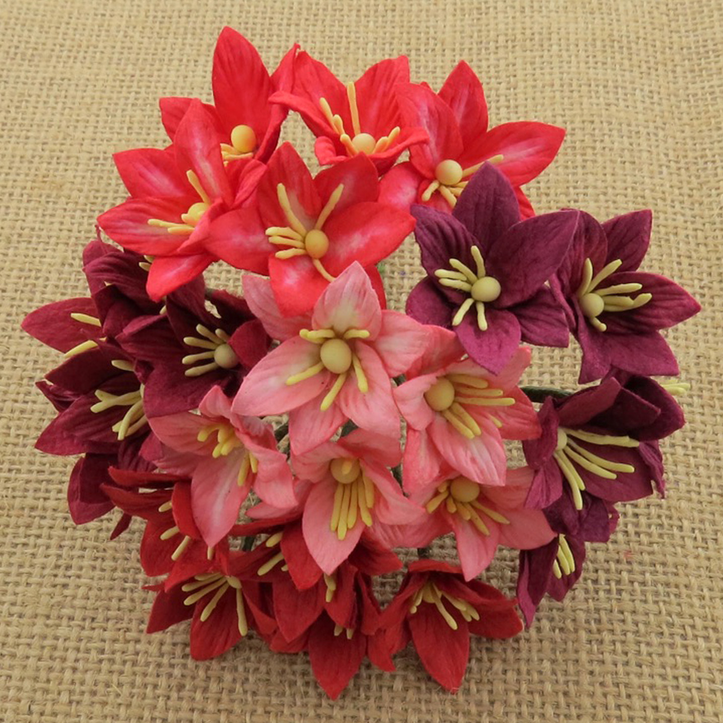 50 MIXED RED MULBERRY PAPER LILY FLOWERS - 5 COLOR