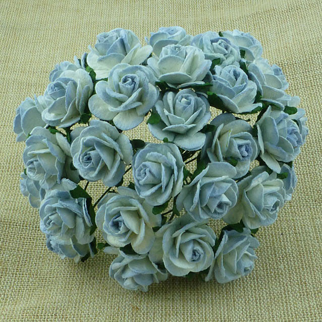 100 2-TONE ANTIQUE BLUE MULBERRY PAPER OPEN ROSES - Click Image to Close