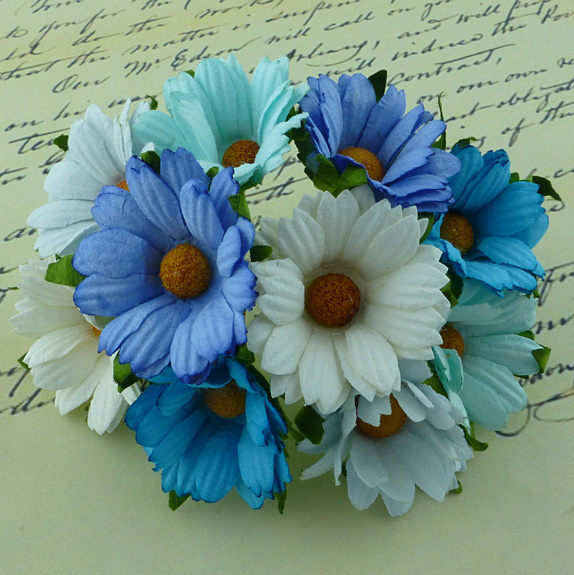 50 MIXED BLUE/AQUA/WHITE MULBERRY PAPER CHRYSANTHEMUMS