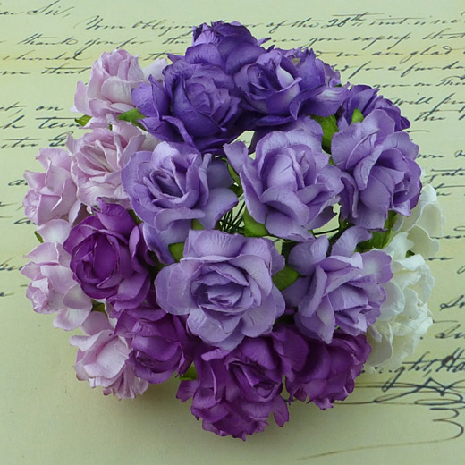 50 MIXED PURPLE/LILAC/WHITE MULBERRY PAPER WILD ROSES 30mm - Click Image to Close