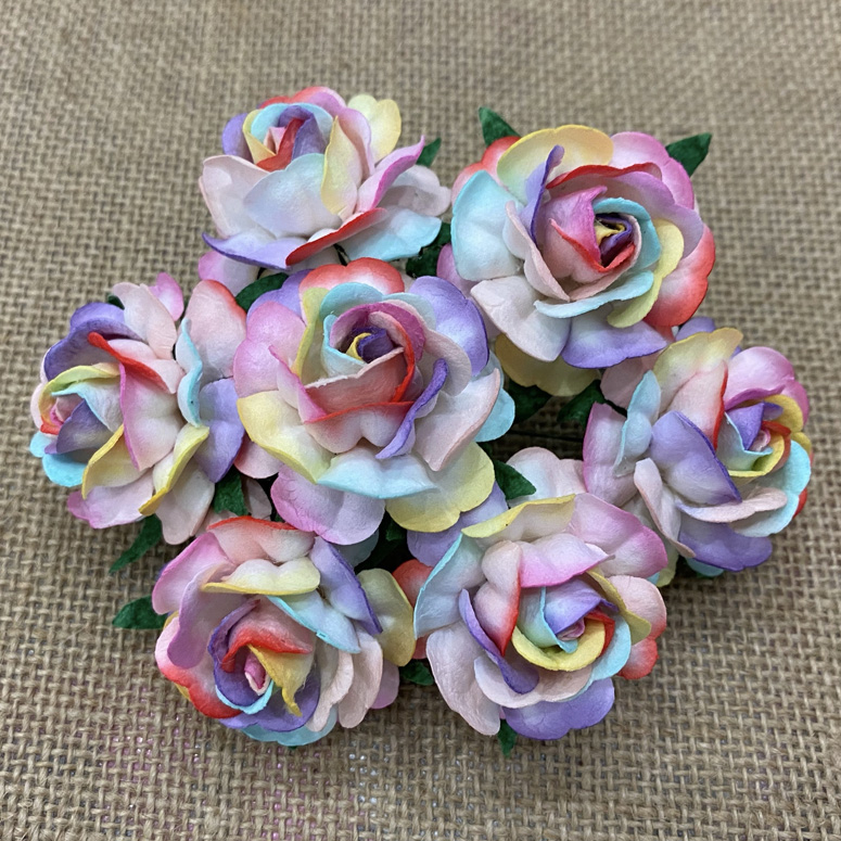 50 RAINBOW COLORED MULBERRY PAPER TEA ROSES 40mm - Click Image to Close