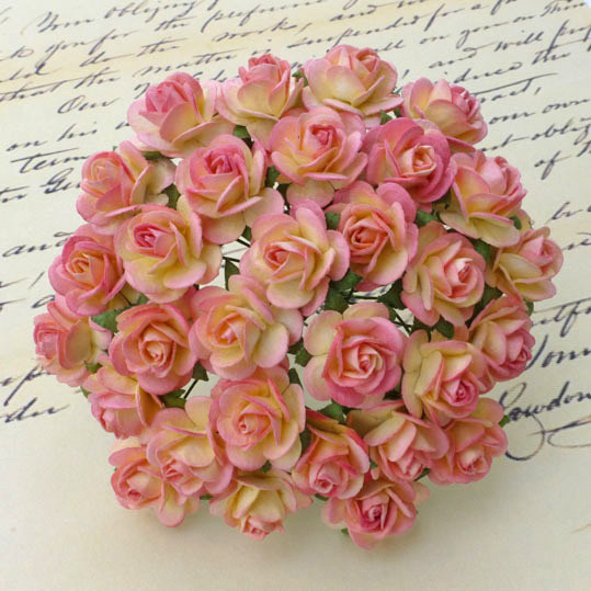 100 2-TONE CHAMPAGNE PINK MULBERRY PAPER OPEN ROSES - Click Image to Close