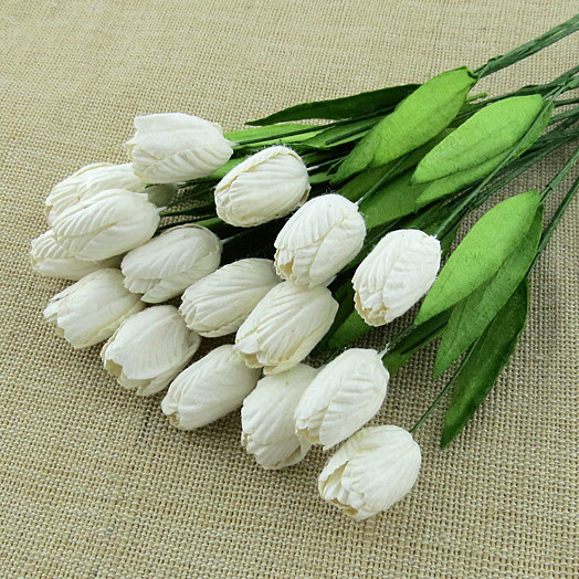 50 WHITE MULBERRY PAPER TULIP FLOWERS WITH LEAF STEMS - Click Image to Close