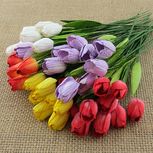 50 MIXED COLOUR MULBERRY PAPER TULIP FLOWERS WITH LEAF STEMS