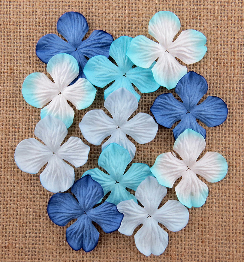 100 MIXED BLUE TONE HYDRANGRA BLOOMS - Click Image to Close