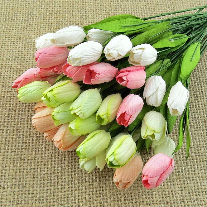 50 MIXED PASTEL COLOUR MULBERRY PAPER TULIP FLOWERS WITH LEAF STEMS