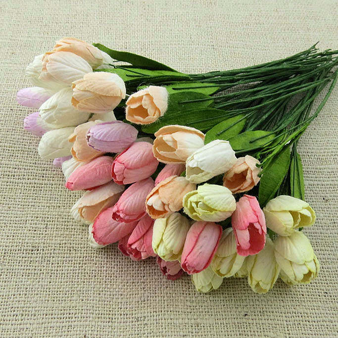 50 MIXED PASTEL COLOUR MULBERRY PAPER TULIP FLOWERS WITH LEAF STEMS - Click Image to Close