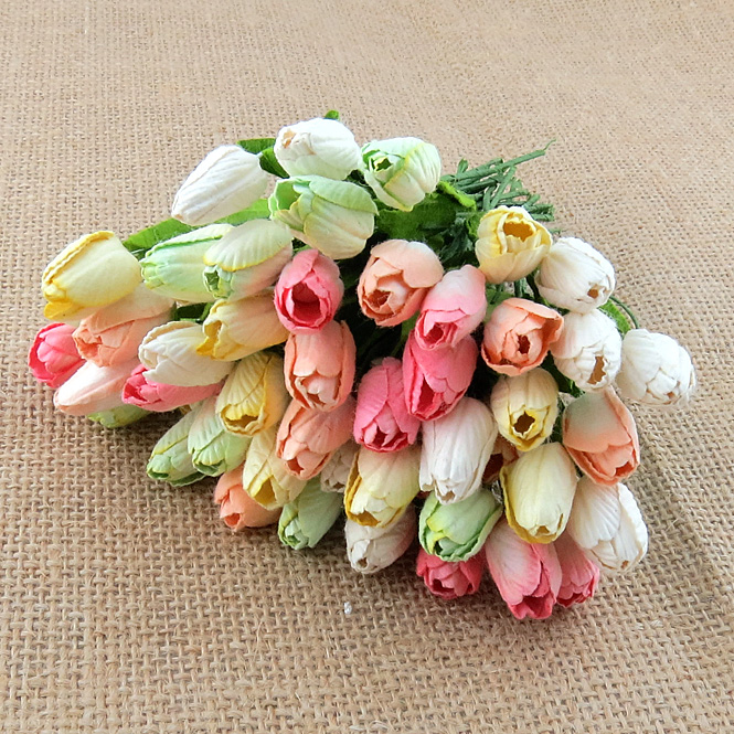 50 MIXED PASTEL COLOUR MULBERRY PAPER TULIP FLOWERS WITH LEAF STEMS