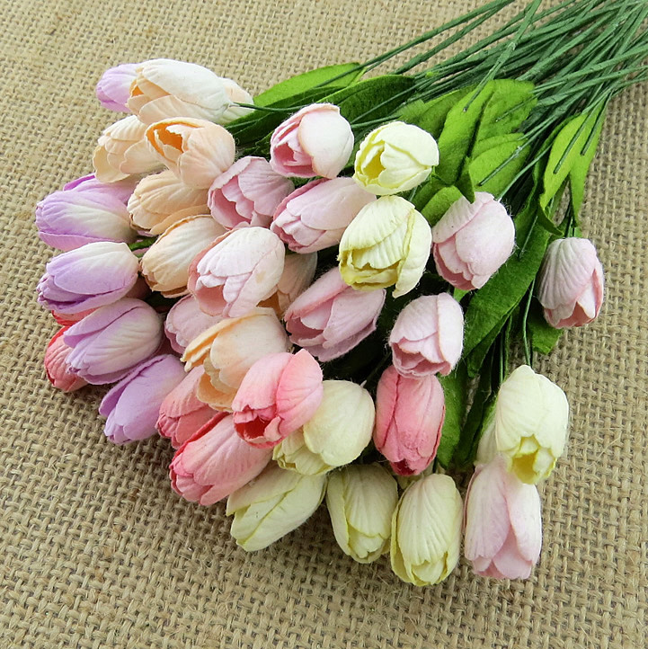 50 MIXED PASTEL COLOUR MULBERRY PAPER TULIP FLOWERS WITH LEAF STEMS