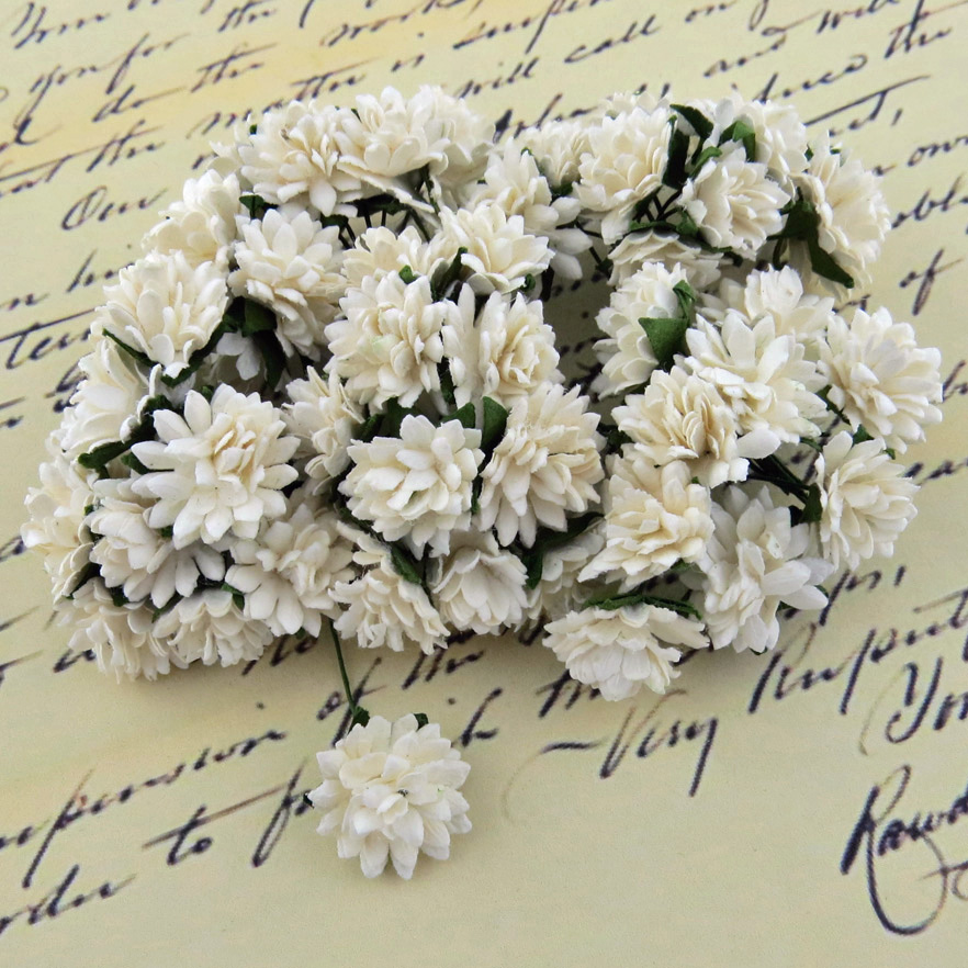 50 WHITE MULBERRY PAPER ASTER DAISY STEM FLOWERS - Click Image to Close