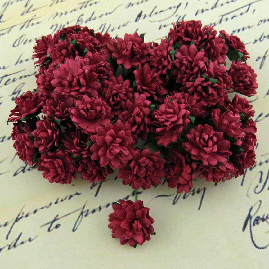 50 DEEP RED MULBERRY PAPER ASTER DAISY STEM FLOWERS - Click Image to Close