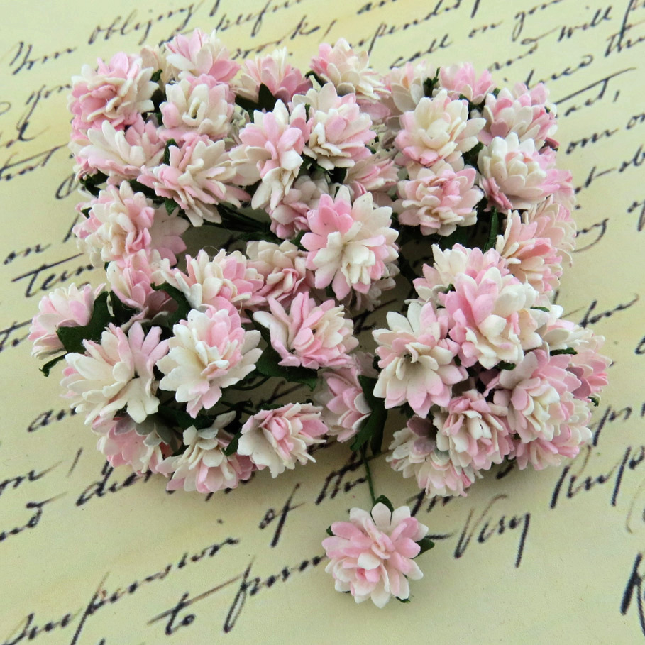 50 2-TONE BABY PINK/IVORY MULBERRY PAPER ASTER DAISY STEM FLOWERS - Click Image to Close