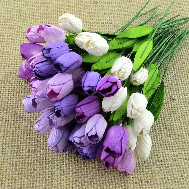 50 MIXED PURPLE/LILAC MULBERRY PAPER TULIP FLOWERS WITH LEAF STEMS - Click Image to Close