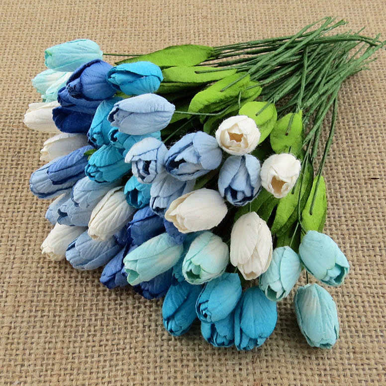 50 MIXED BLUE MULBERRY PAPER TULIP FLOWERS WITH LEAF STEMS - Click Image to Close