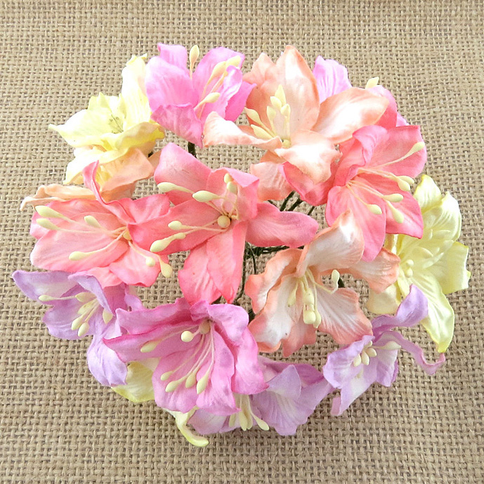 50 MIXED PASTEL COLOUR MULBERRY PAPER LILY FLOWERS - Click Image to Close