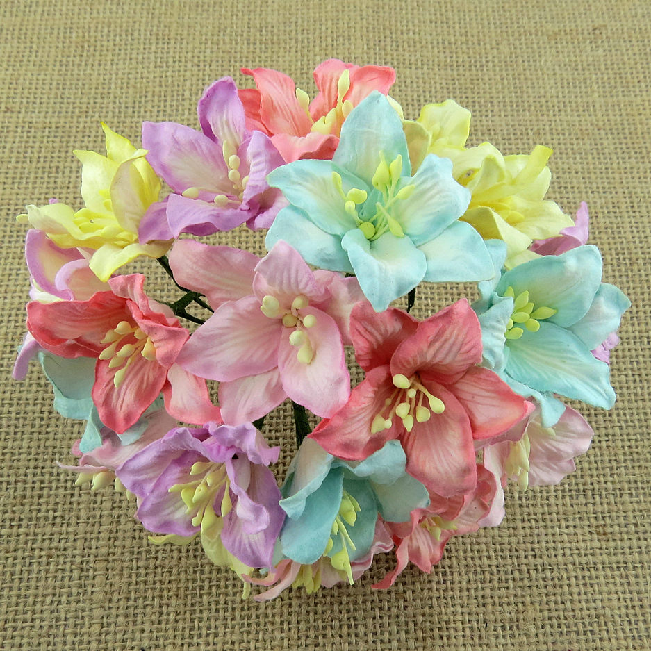 50 MIXED PASTEL COLOUR MULBERRY PAPER LILY FLOWERS - Click Image to Close