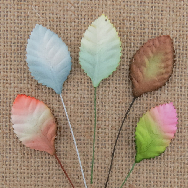 100 MIXED 2-TONE MULBERRY PAPER ROSE LEAVES - 30mm - Click Image to Close