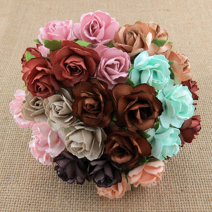 50 MIXED VINTAGE COLOUR MULBERRY PAPER WILD ROSES 30mm - Click Image to Close