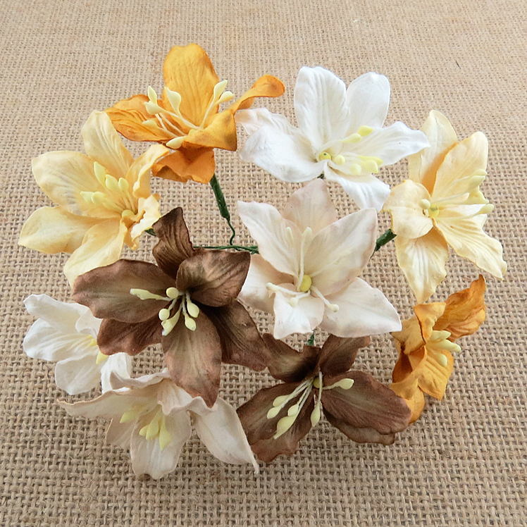 50 MIXED EARTH TONE MULBERRY PAPER LILY FLOWERS - Click Image to Close