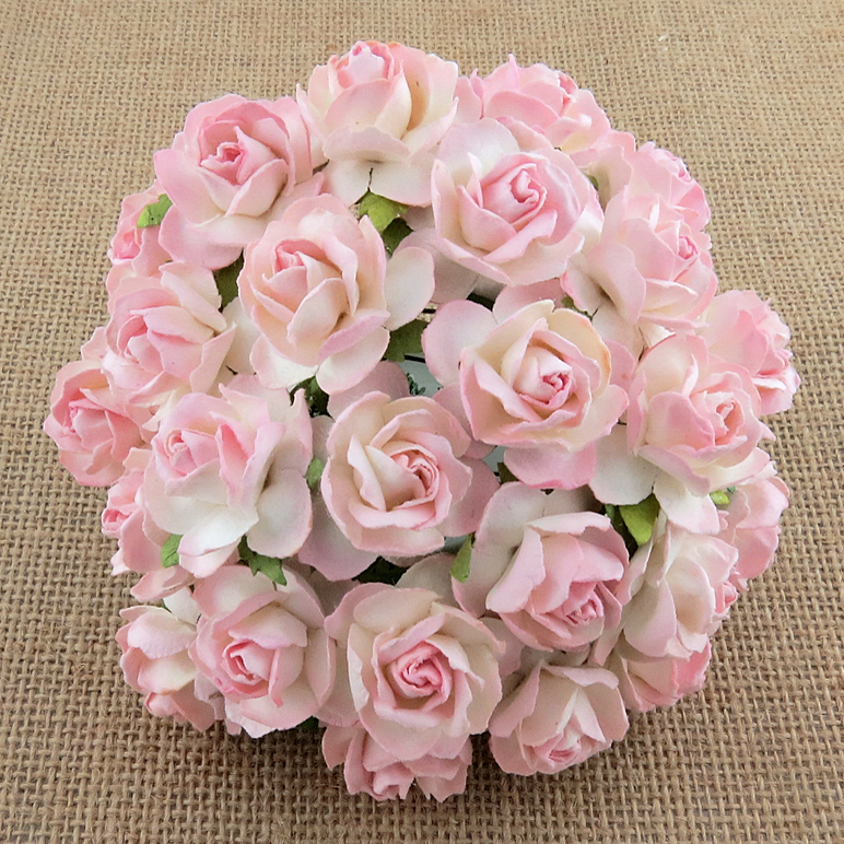 50 2-TONE BABY PINK IVORY MULBERRY PAPER WILD ROSES - 30mm