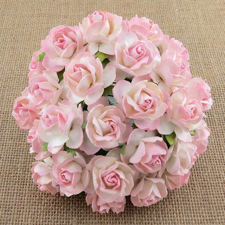 50 2-TONE BABY PINK IVORY MULBERRY PAPER WILD ROSES - 30mm - Click Image to Close