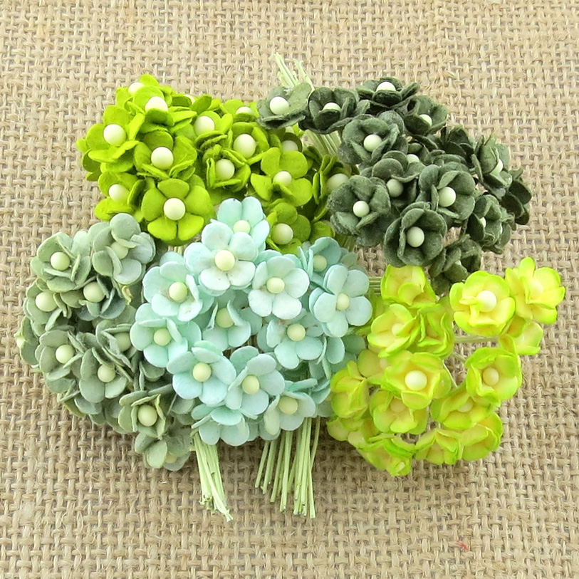 100 MINIATURE MIXED GREEN SWEETHEART BLOSSOM FLOWERS - Click Image to Close