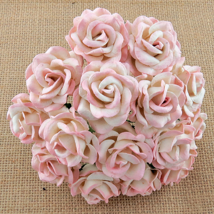 50 2-TONE BABY PINK/IVORY MULBERRY PAPER CHELSEA ROSES - Click Image to Close