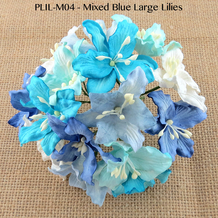 50 MIXED BLUE AND WHITE MULBERRY PAPER LILY FLOWERS - Click Image to Close