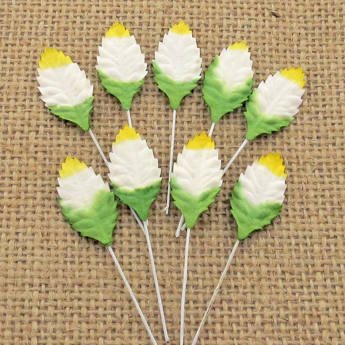 100 2-tone green/white/yellow Mulberry Paper Leaves - 25mm