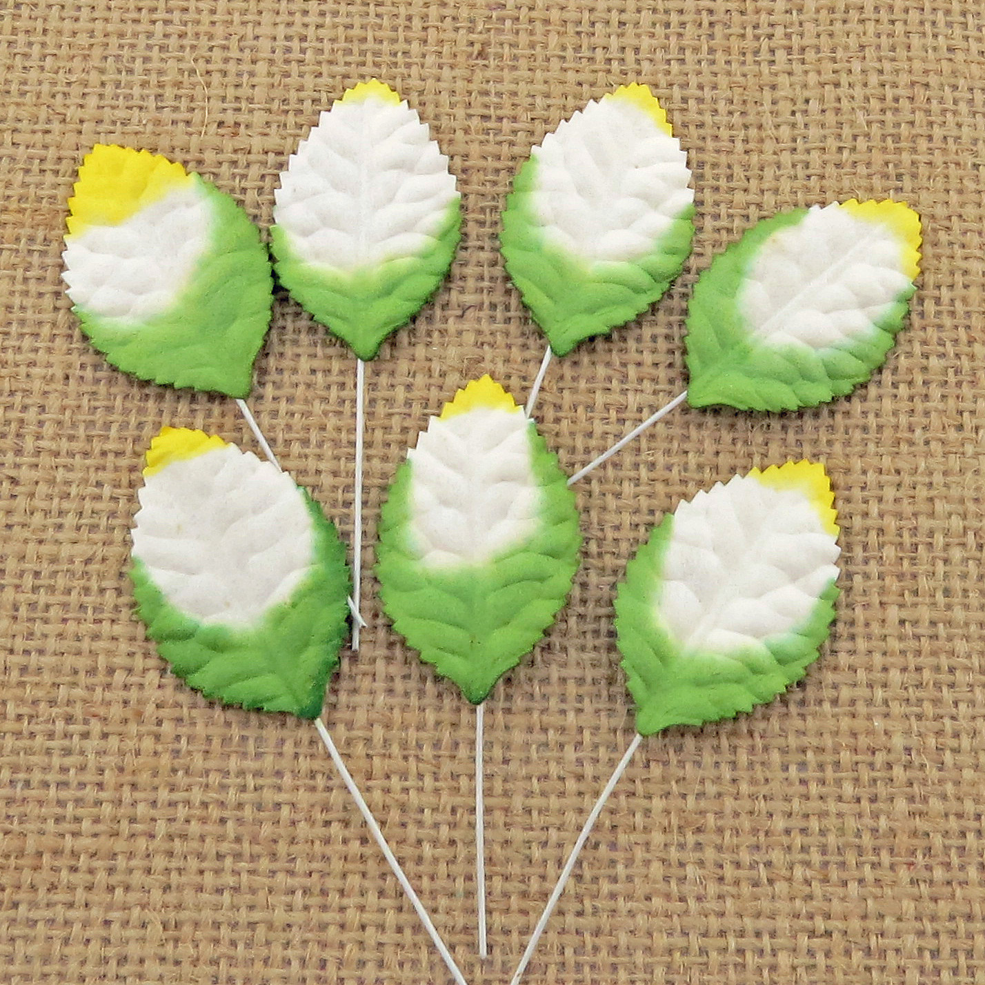 100 2-tone green/white/yellow Mulberry Paper Leaves - 30mm - Click Image to Close