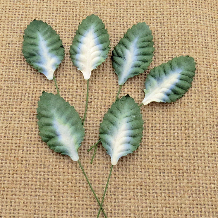 100 2-tone green/white Mulberry Paper Leaves - 45mm - Click Image to Close