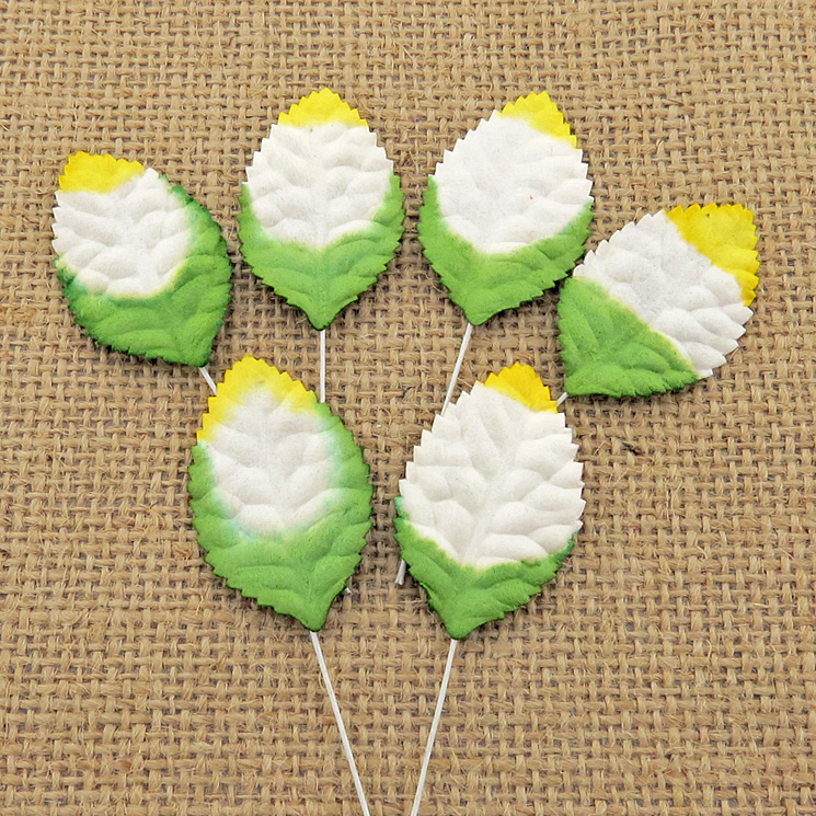 100 2-tone green/white/yellow Mulberry Paper Leaves - 35mm - Click Image to Close