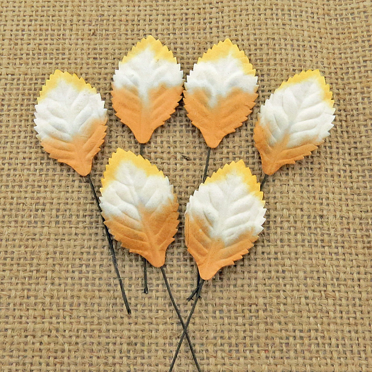 100 2-tone brown/white/yellow Mulberry Paper Leaves - 35mm - Click Image to Close
