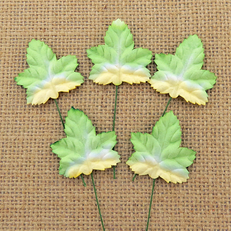 100 2-tone green/white Mulberry Paper Maple Leaves - 45mm - Click Image to Close