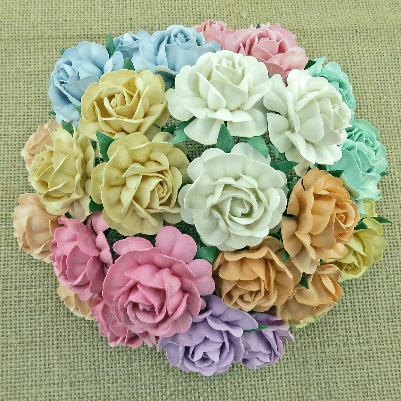 50 MIXED PASTEL MULBERRY PAPER TEA ROSES 40mm - Click Image to Close