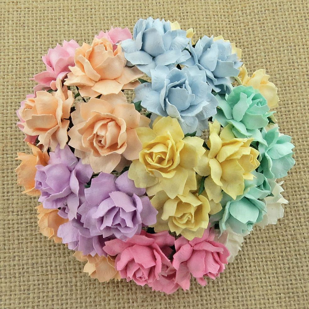 50 MIXED PASTEL MULBERRY PAPER COTTAGE ROSES - Click Image to Close