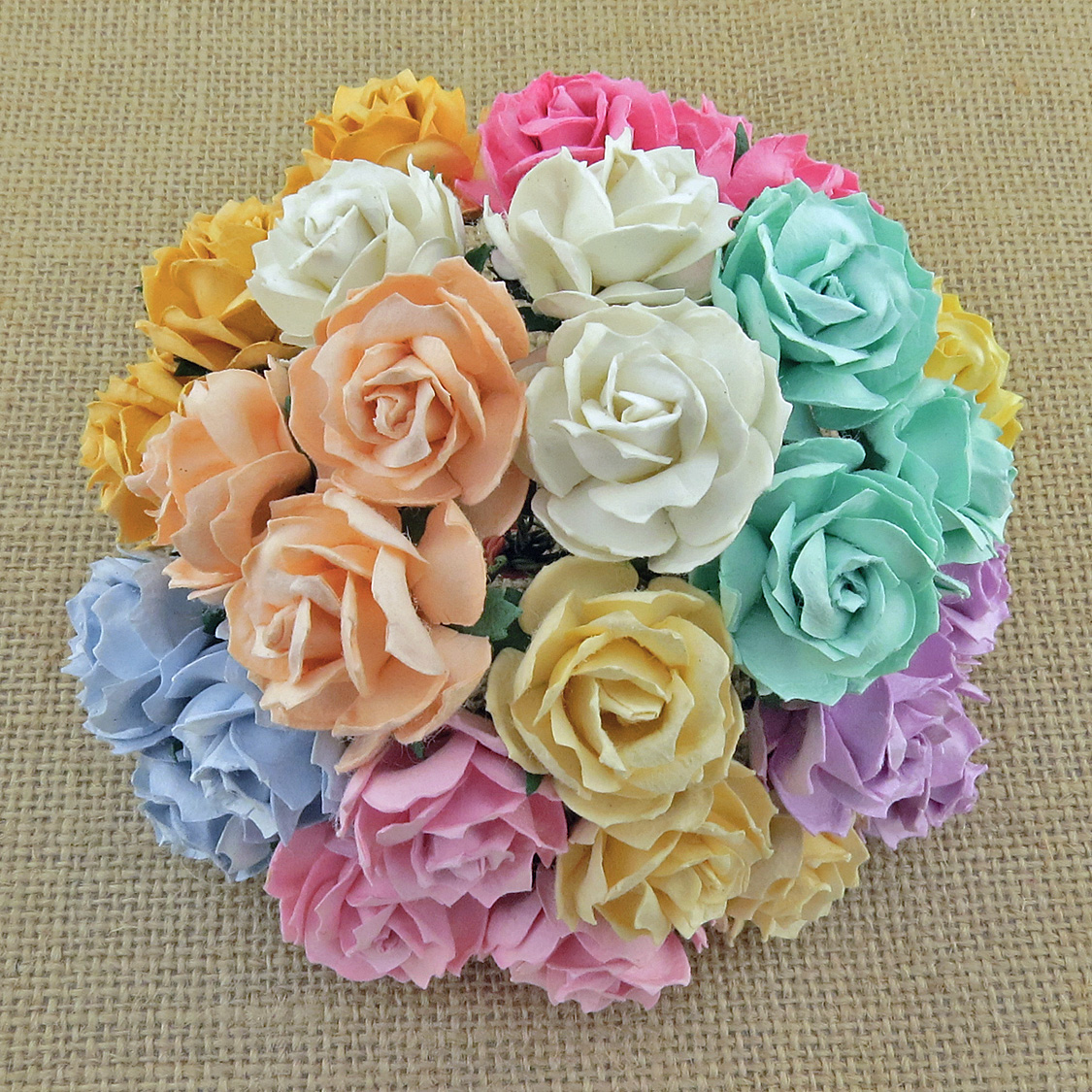 50 MIXED PASTEL COLOUR MULBERRY PAPER WILD ROSES 30mm - Click Image to Close