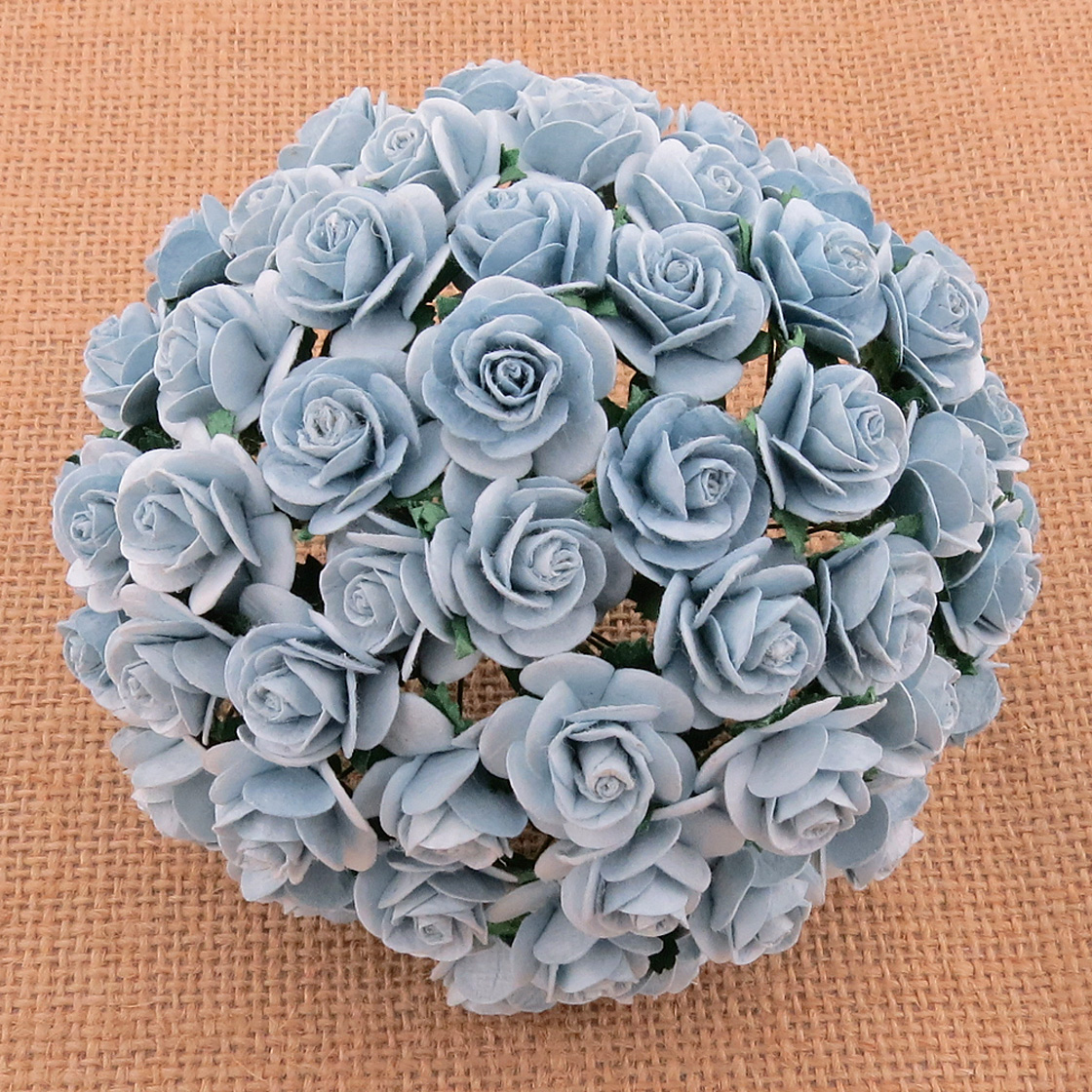 100 BABY BLUE MULBERRY PAPER OPEN ROSES - Click Image to Close