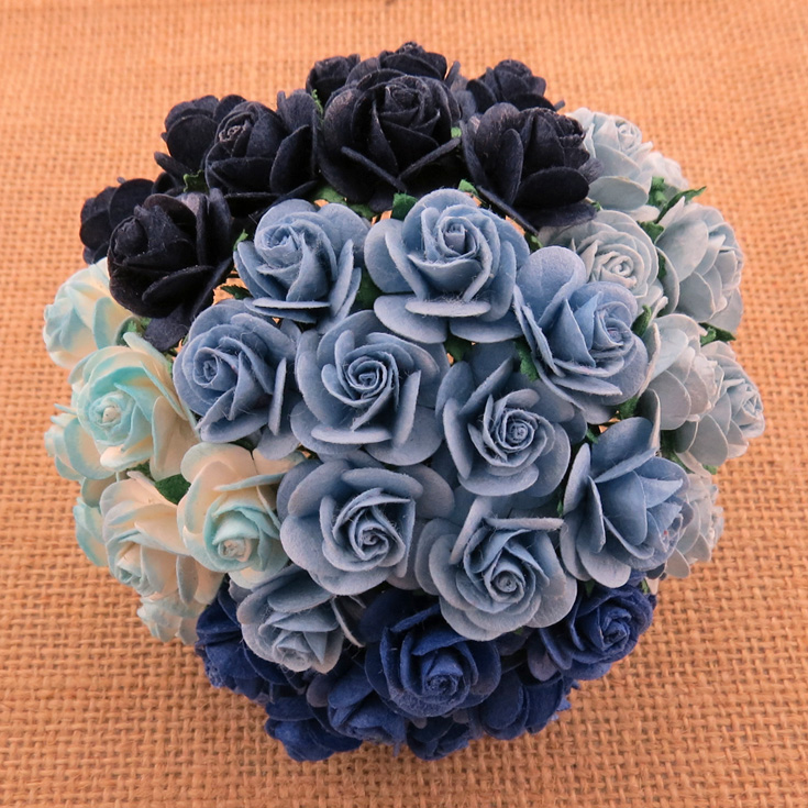 100 MIXED BLUE MULBERRY PAPER OPEN ROSES