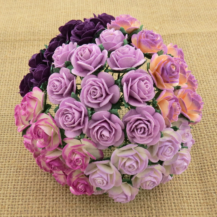 100 MIXED PURPLE/LILAC OPEN ROSES - Click Image to Close