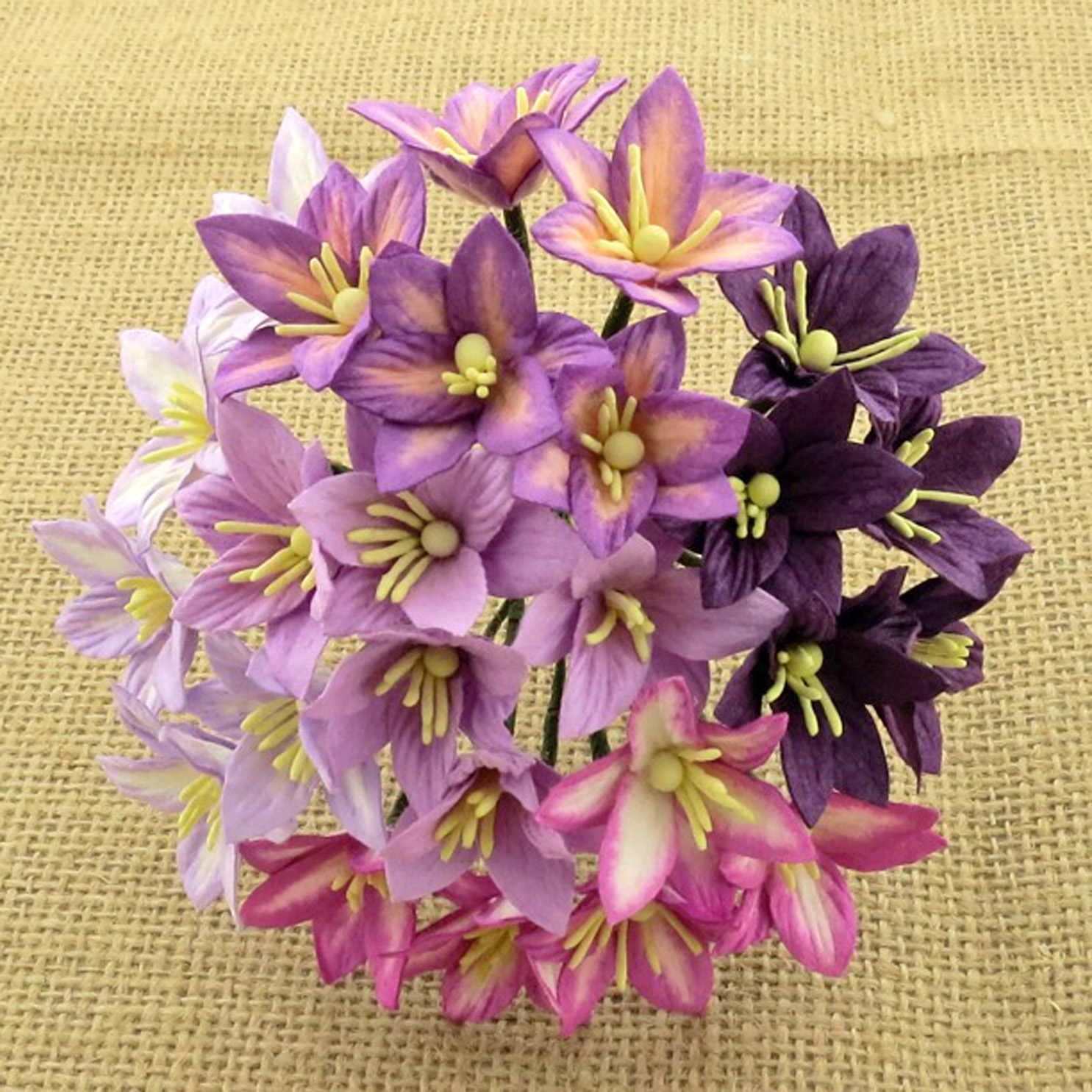 50 MIXED PURPLE/LILAC MULBERRY PAPER LILY FLOWERS - 5 COLOR - Click Image to Close